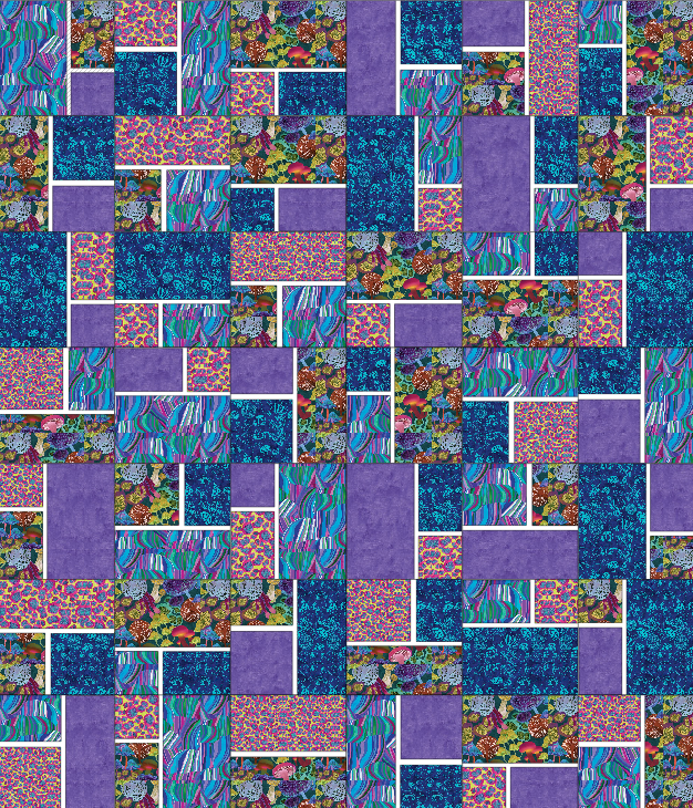 Patterned fabric with a mix of blue, purple, and multicolor squares.