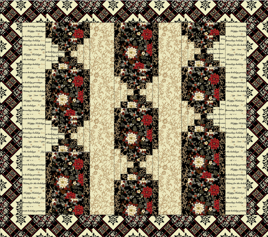 Decorative quilt with floral patterns and text on a black background