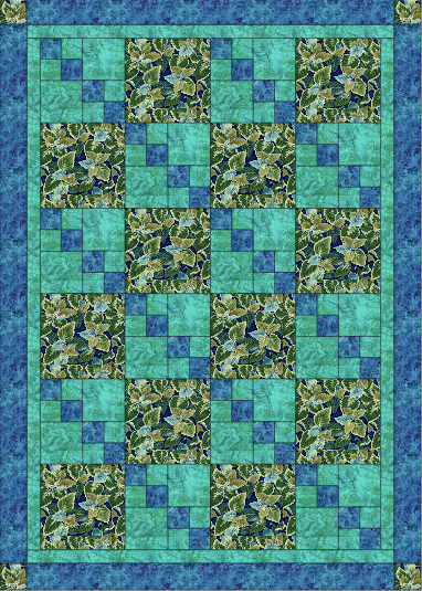 Quilt with green and blue patterned squares