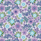 Pattern of purple and blue flowers on a light blue background Seaside Garden Lavender Wide Fabric 108" - Benartex #178137-60 - Carmon's Quilt Shop