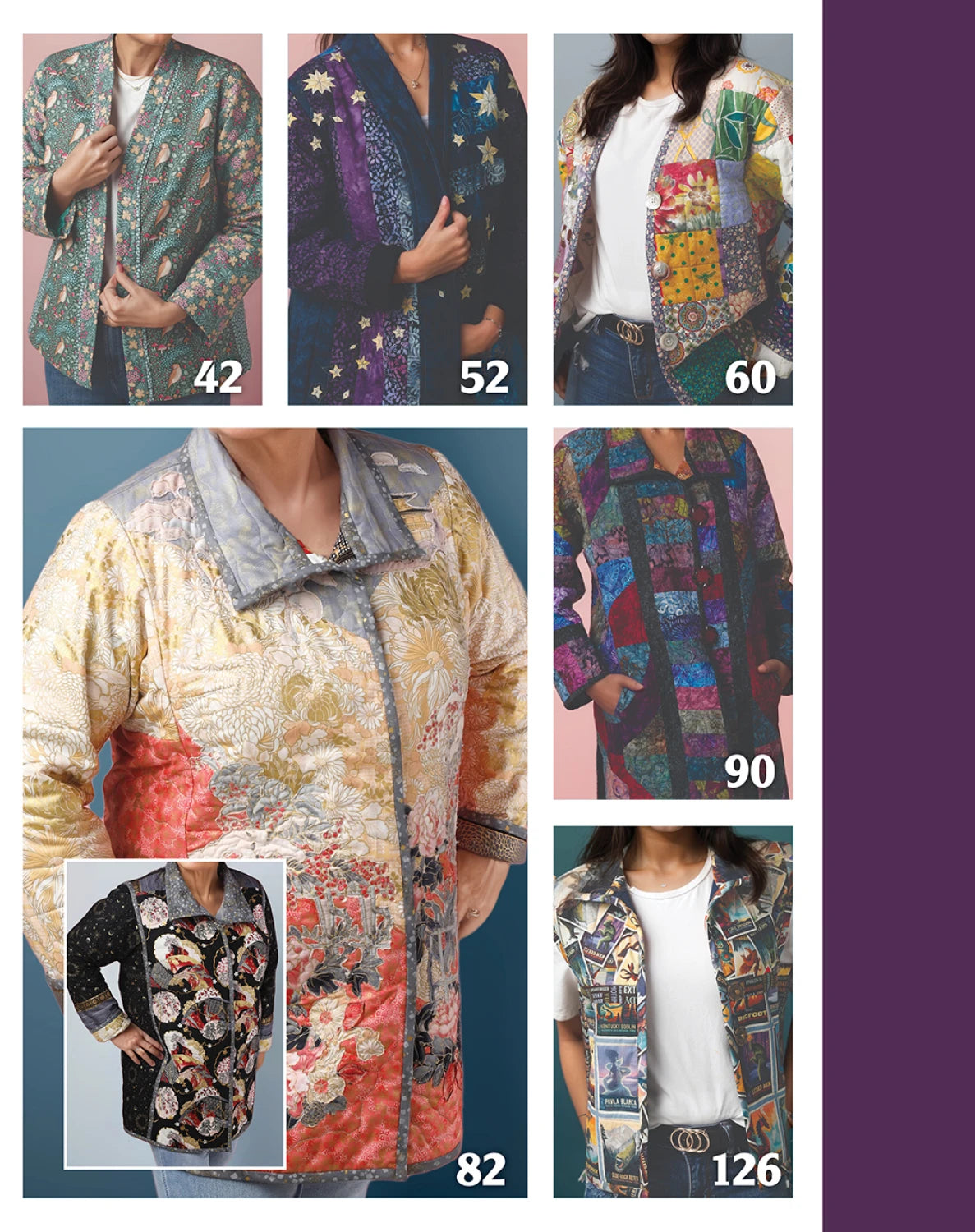 Collage of various patterned jackets with size labels on a purple background