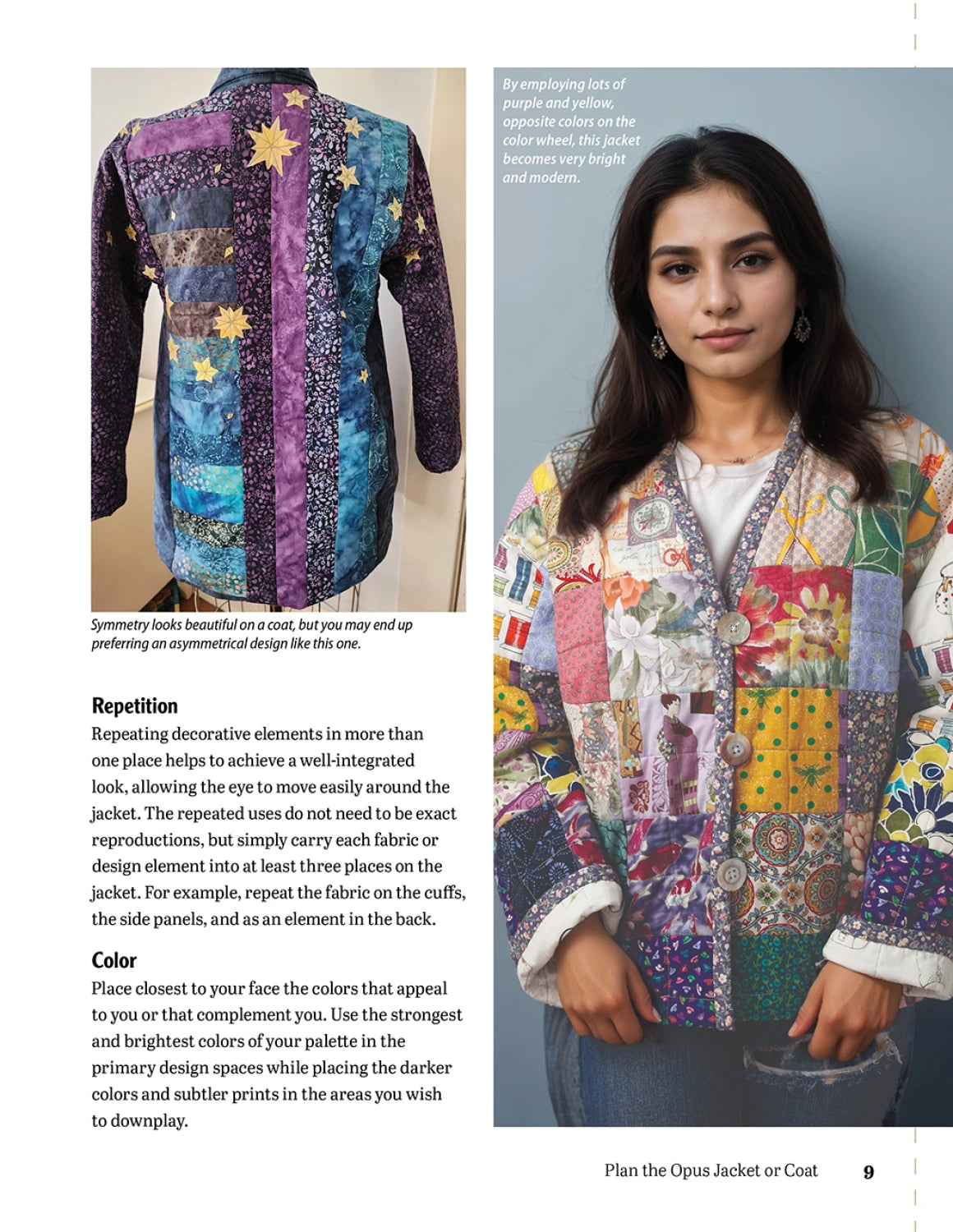 Colorful patchwork jacket displayed on a model with text explaining design elements.