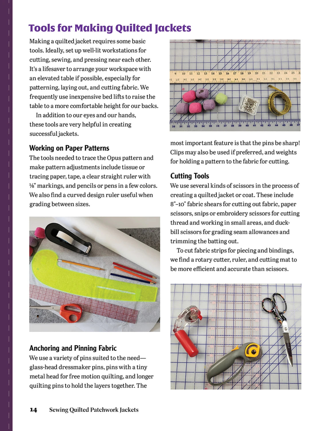 Page from a book or manual on sewing tools for making quilted jackets, featuring text and images of sewing equipment.
