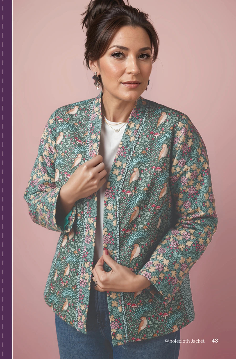 Woman wearing a floral patterned jacket against a pink background