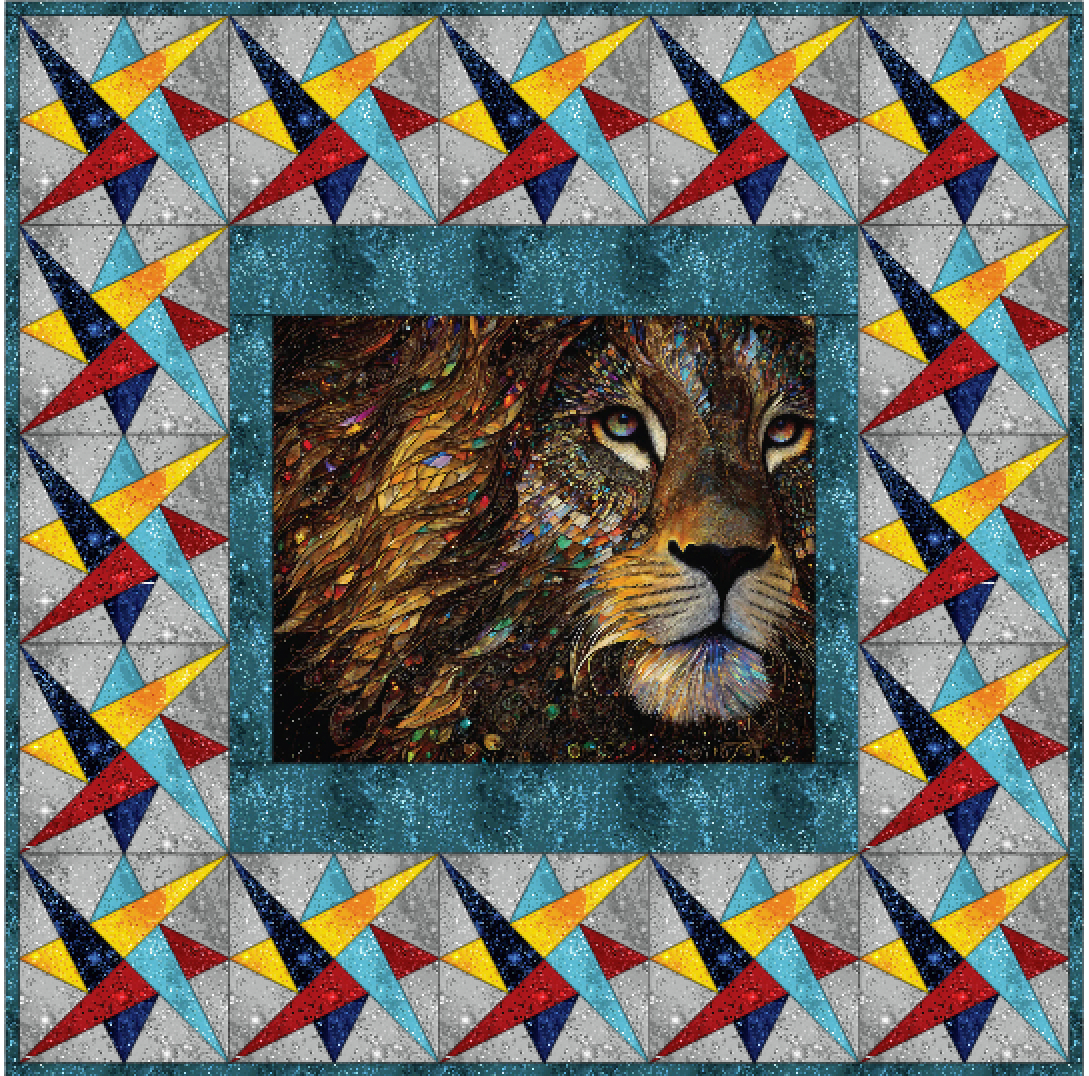Quilt with star pattern border featuring a central image of a lion. Star Gaze Quilt Pattern - Finished Size 80.75" x 80.75" - Carmon's Quilt Shop