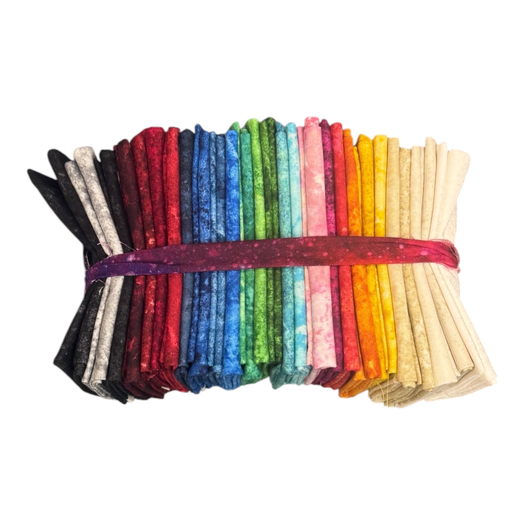 Set of colorful fabric strips tied together on a white background Stonehenge Basics 28 Fat Quarter Bundle Northcott Carmon's Quilt Shop