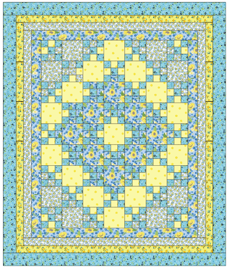 Quilt with a pattern of squares in blue, yellow, and white on a blue background Sunny Skies Quilt Kit - Riley Blake Fabrics - Finished Size 59" x 71" - Carmon's Quilt Shop