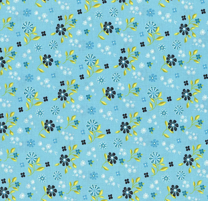 A bolt of fabric featuring a floral pattern with blue, yellow, and green colors on a sky blue background.
