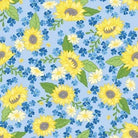Floral pattern with sunflowers and blue flowers on a light blue background
