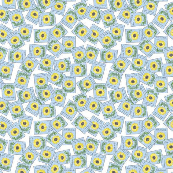 A fabric featuring a repeating pattern of white seed packets with yellow flowers, arranged in a disorganized grid layout on a white background.