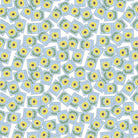 A fabric featuring a repeating pattern of white seed packets with yellow flowers, arranged in a disorganized grid layout on a white background.