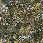 Patterned fabric with geometric shapes in gold, silver, and black. Walnut Phantasma  108" Fabric - 3 Yard 108" x 108"  Robert Kaufman SRKDX-22693-323 Carmon's Quilt Shop 