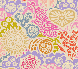Colorful pattern of floral and abstract shapes on a pink background Yesterday Bouquet Backings No.3 - 108" BAMT161 -23 Anna Maria Textiles Fabric - Carmon's Quilt Shop
