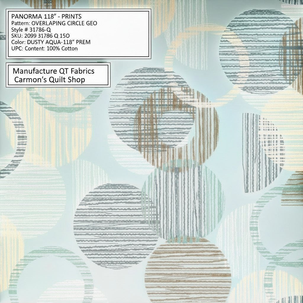 Carmon's Quilt Shop QT Fabrics 118 inch dusty aqua cotton quilting fabric with overlapping geometric circle pattern