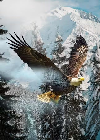 Carmon's Quilt Shop Hoffman Fabrics cotton panel featuring a bald eagle soaring over snowy mountains and pine trees.