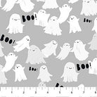 Carmon's Quilt Shop FIGO Fabrics Sweet Treat quilting cotton featuring white ghosts and BOO text on a gray background