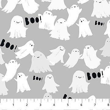 Carmon's Quilt Shop FIGO Fabrics Sweet Treat quilting cotton featuring white ghosts and BOO text on a gray background