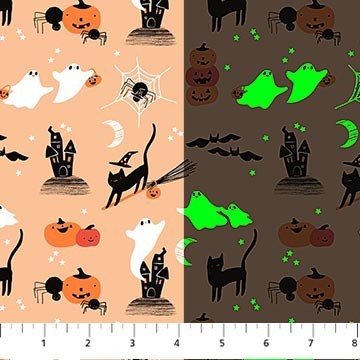 Carmon's Quilt Shop FIGO Fabrics Sweet Treat cotton fabric featuring ghosts, cats, and pumpkins in peach and black.