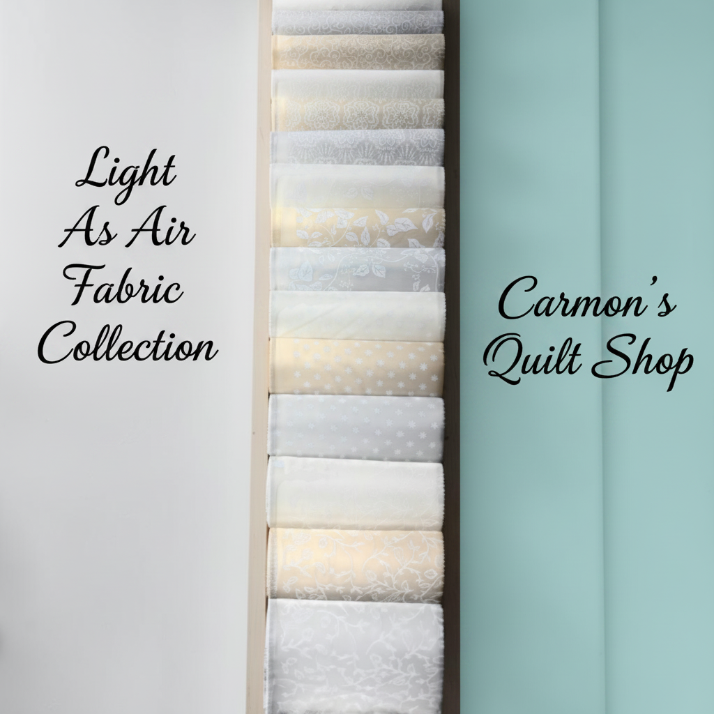 Carmon's Quilt Shop Light As Air 5-inch cotton fabric charm pack featuring elegant floral and botanical prints