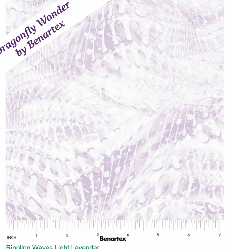 Carmon's Quilt Shop Dragonfly Wonder light purple cotton quilting fabric with rippling waves pattern by Benartex