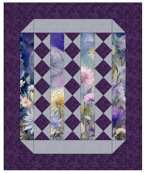 Lovely Flowers Quilt Pattern by Carmon's Quilt Shop featuring floral panels with purple and lavender diamond accents.