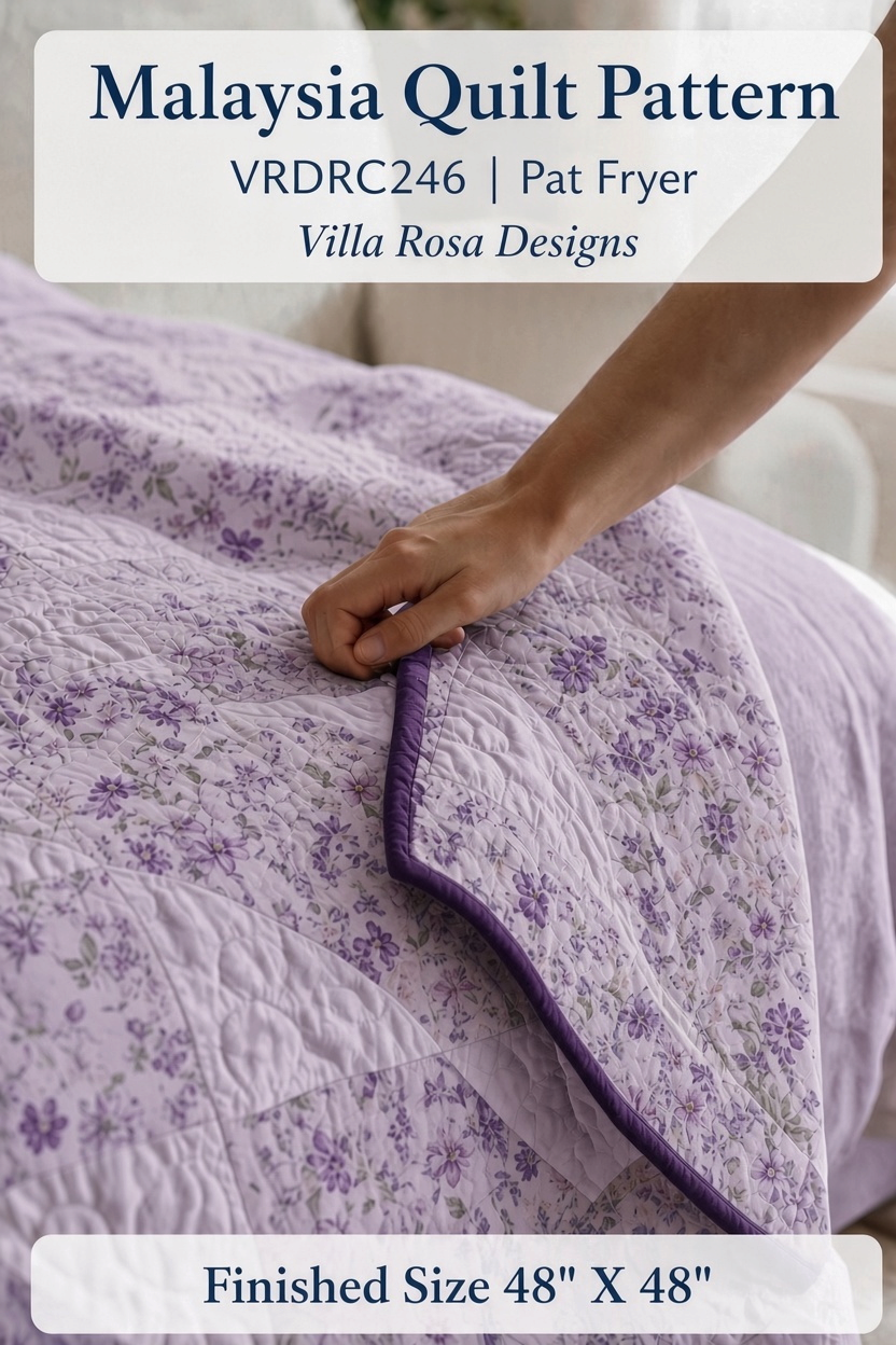 Carmon's Quilt Shop Malaysia quilt pattern featuring a lavender floral patchwork design with a dark purple binding.
