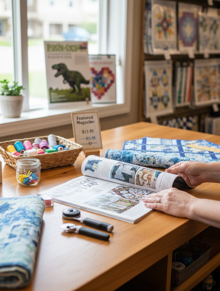 Carmon's Quilt Shop 2026 All Missouri Shop Hop magazine open on a wooden table with quilting supplies and fabric
