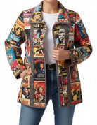 Carmon's Quilt Shop quilted patchwork jacket featuring a vibrant vintage movie poster print on a model