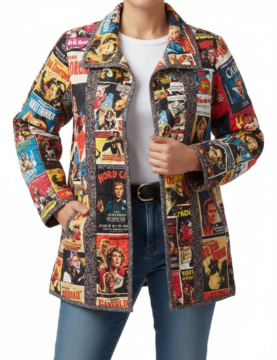 Carmon's Quilt Shop quilted patchwork jacket featuring a vibrant vintage movie poster print on a model