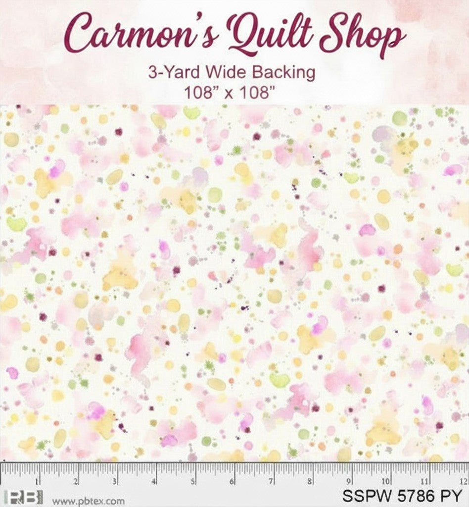 Carmon's Quilt Shop Sally's Speckle 108 inch wide cotton backing fabric with a colorful paint splatter design.