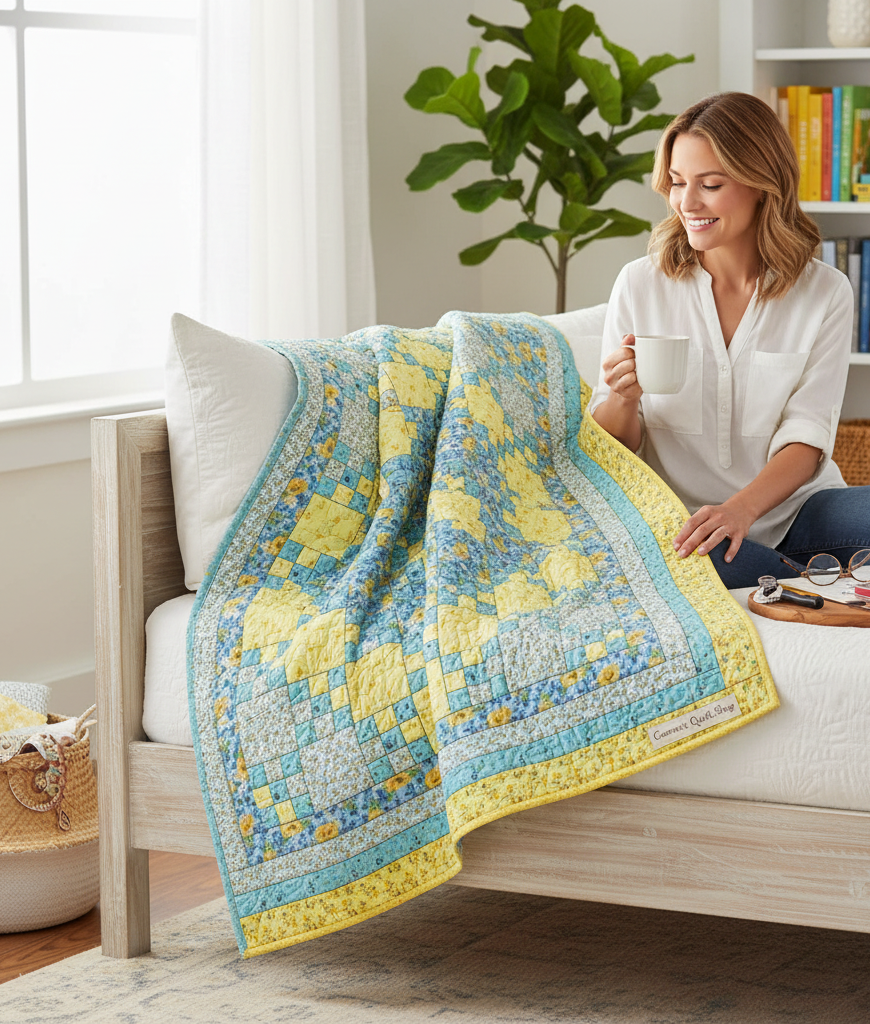 Woman sitting on a bed with a Sunny Skies quilt kit from Carmon's Quilt Shop featuring yellow and blue floral fabric.
