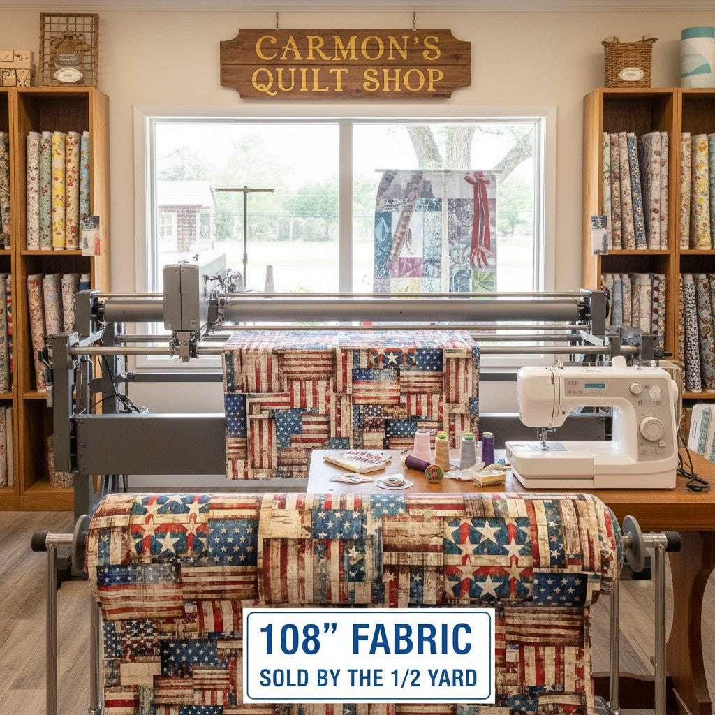 Carmon's Quilt Shop 108 inch wide 1776 flag patchwork cotton fabric by QT Fabrics in a studio setting