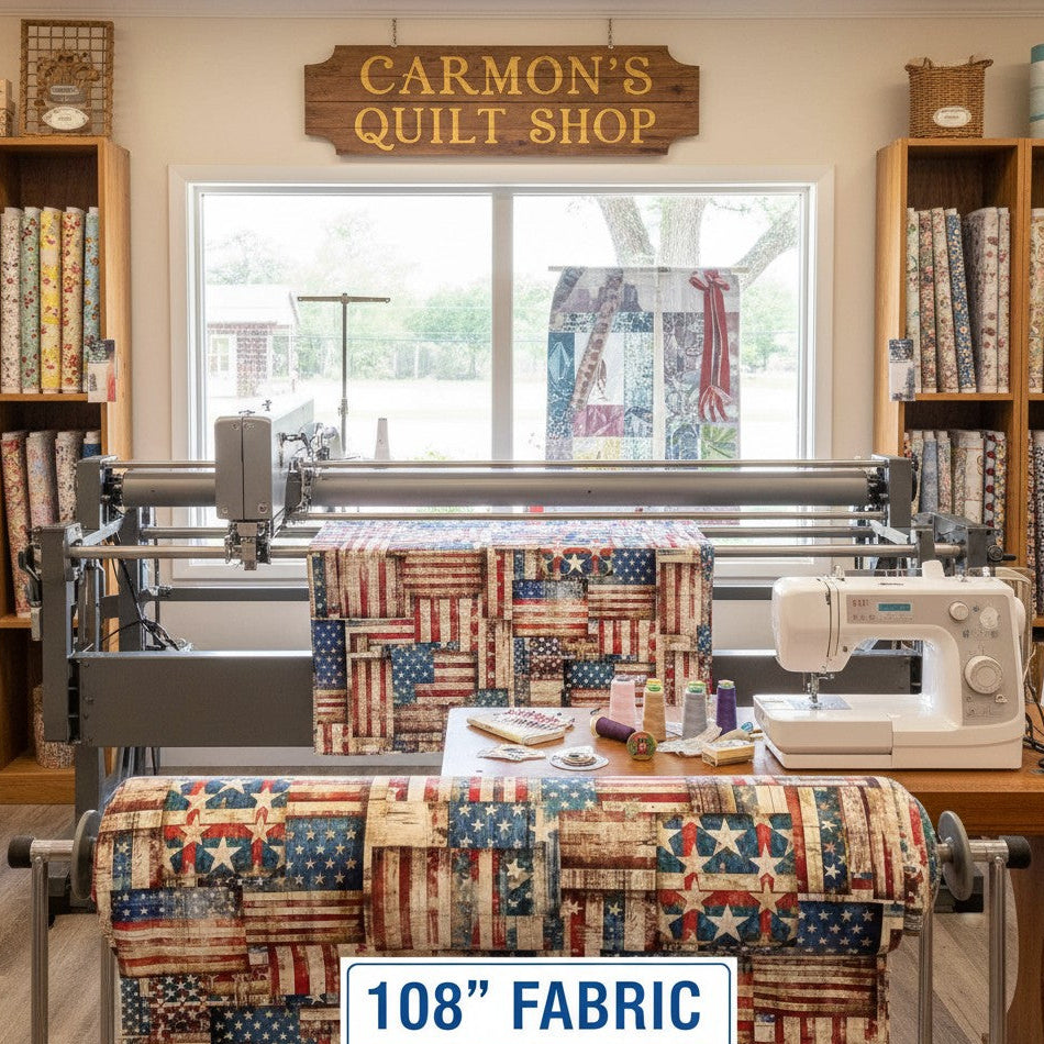 Carmon's Quilt Shop 108 inch wide 1776 flag patchwork cotton fabric by QT Fabrics in a studio setting