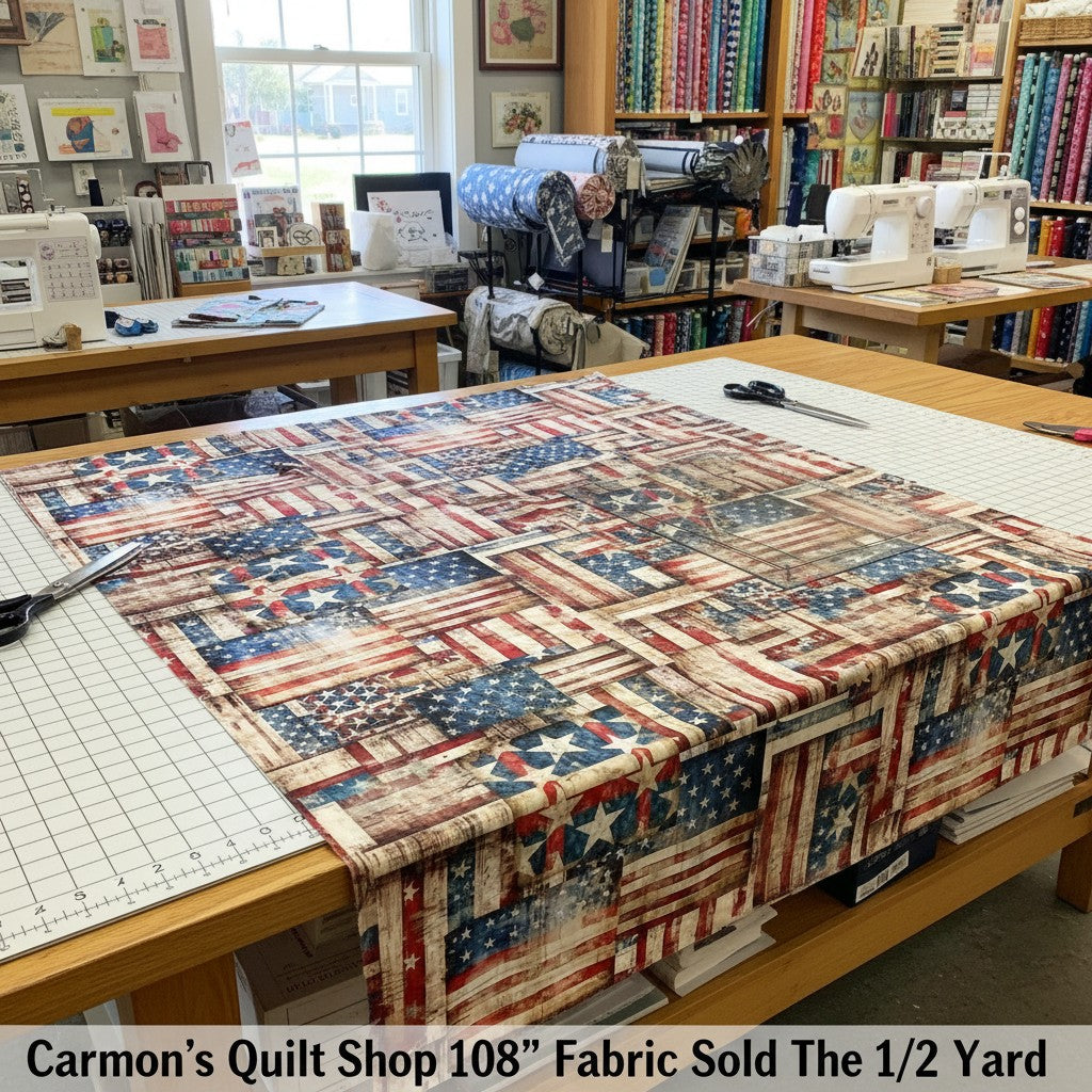Carmon's Quilt Shop 108 inch wide 1776 flag patchwork cotton fabric in red, white, and blue on a cutting table.