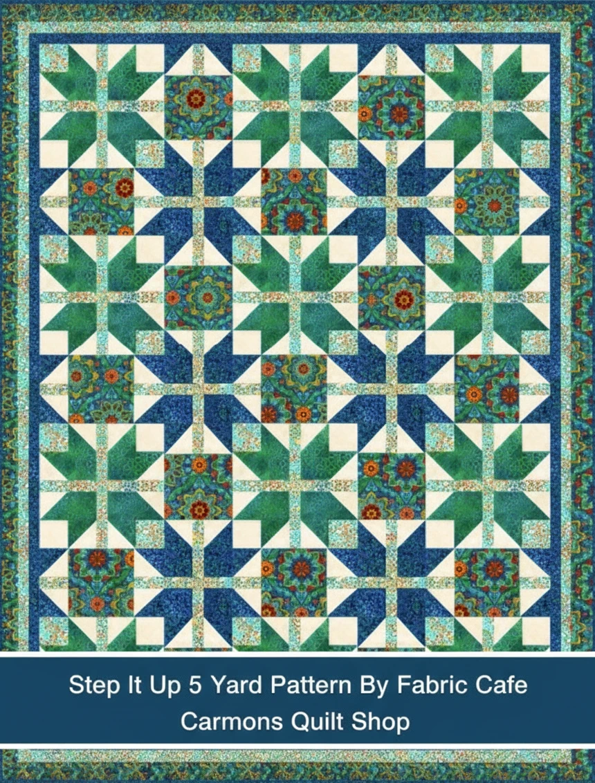 Carmon's Quilt Shop Step It Up 5-Yard Quilt pattern featuring a blue and green geometric floral design