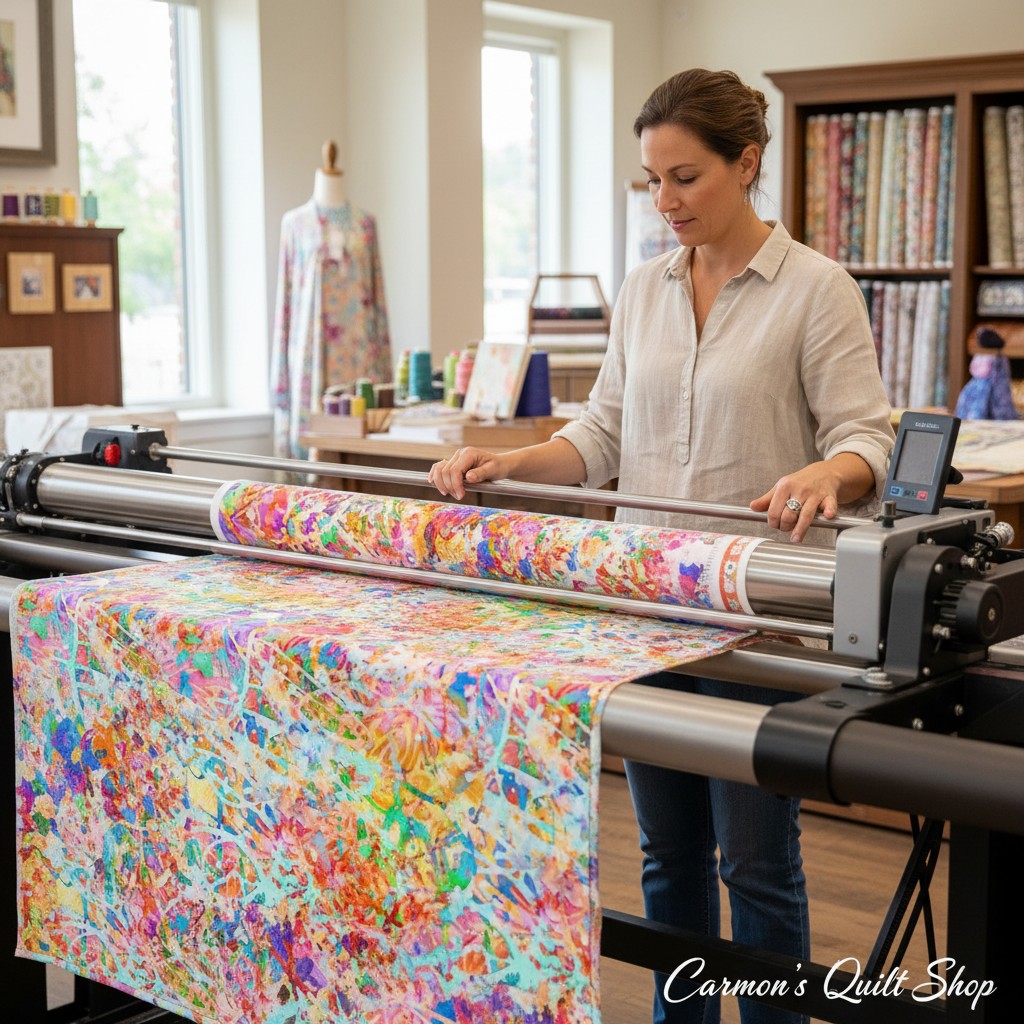 Carmon's Quilt Shop woman using a long-arm machine with multi-colored abstract splatter 118-inch wide cotton fabric