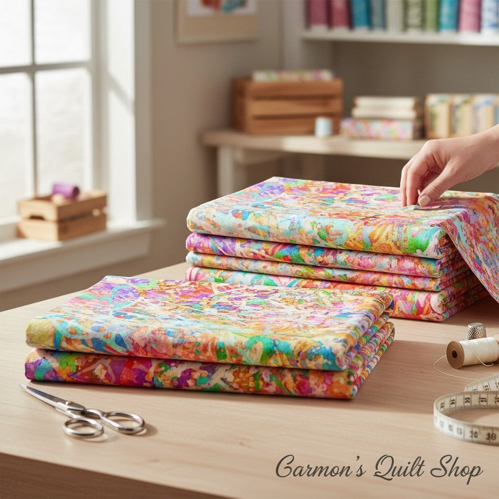Carmon's Quilt Shop multi-colored abstract splatter quilting cotton fabric folded on a wooden sewing table.