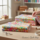 Carmon's Quilt Shop multi-colored abstract splatter quilting cotton fabric folded on a wooden sewing table.
