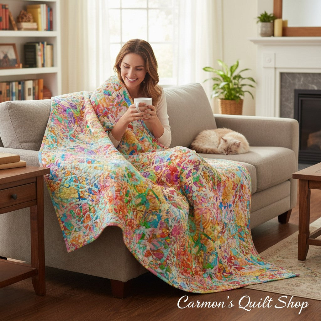 Carmon's Quilt Shop multi-colored abstract splatter cotton fabric draped over a woman sitting on a cozy sofa.