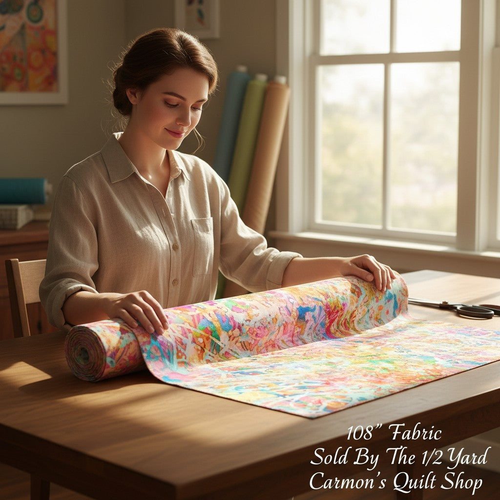 Carmon's Quilt Shop woman unrolling multi-colored abstract splatter print 108-inch wide quilting cotton fabric