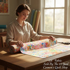 Carmon's Quilt Shop woman unrolling multi-colored abstract splatter print 108-inch wide quilting cotton fabric