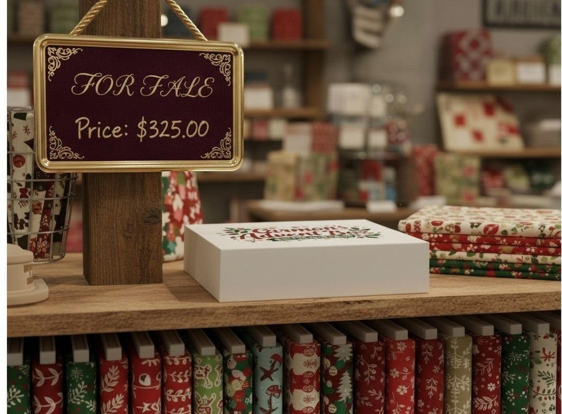 Carmon's Quilt Shop 25-day premium advent box on a wooden shelf with festive holiday fabrics in a craft store setting.