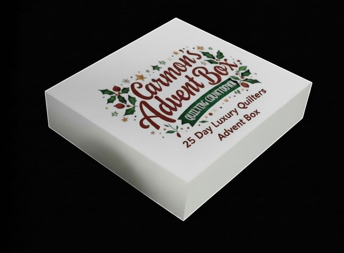 Carmon's Quilt Shop 25-day luxury advent box for quilters featuring festive holiday branding on a white square box.