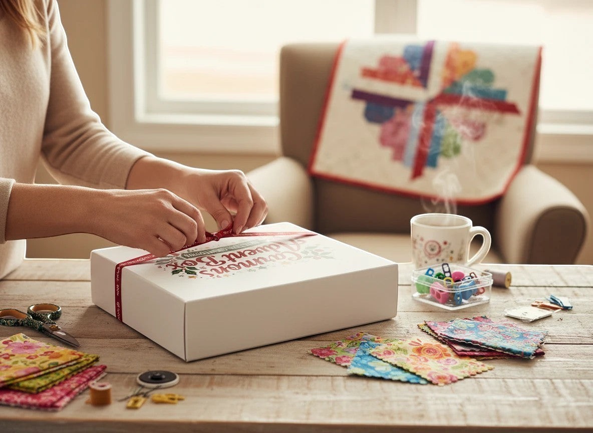 Carmon's Quilt Shop premium advent box tied with a ribbon on a wooden table with quilting fabrics and tools nearby.