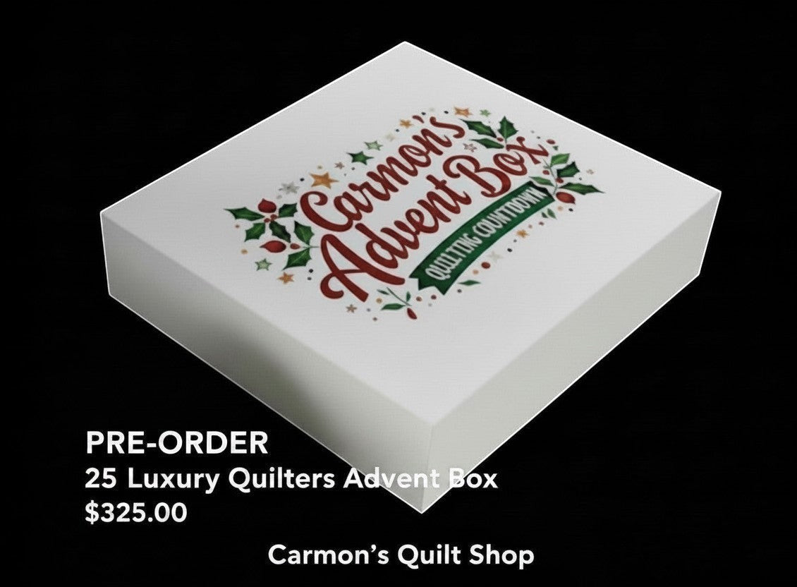 Carmon's Quilt Shop limited-edition 25-day premium quilter's advent box with festive holiday branding on white packaging