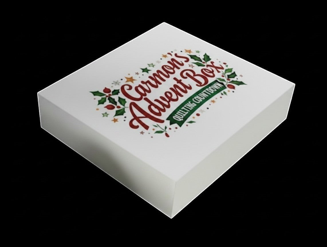 Carmon's Quilt Shop limited-edition holiday advent box with festive branding on a white square gift box