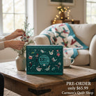 Carmon's Quilt Shop 12 Days of Christmas advent box featuring festive illustrations on a dark turquoise background.