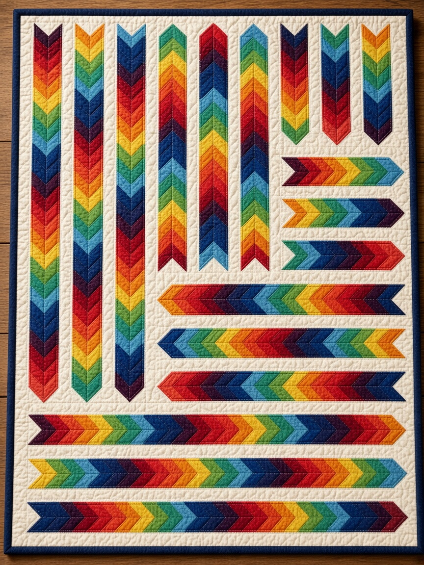 Carmon's Quilt Shop Aerodynamic quilt kit featuring a vibrant rainbow arrow pattern on an off-white background.