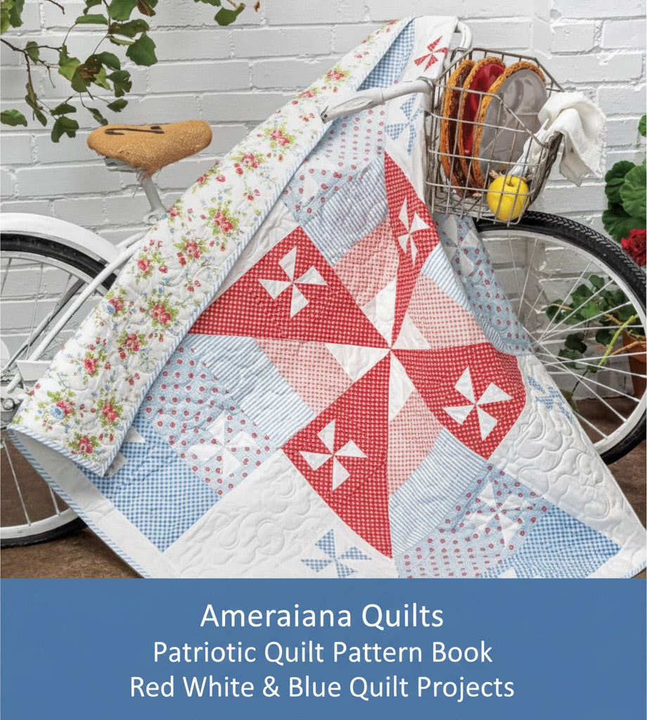 Carmon's Quilt Shop Americana Quilts pattern book featuring a red, white, and blue pinwheel quilt on a vintage bike.