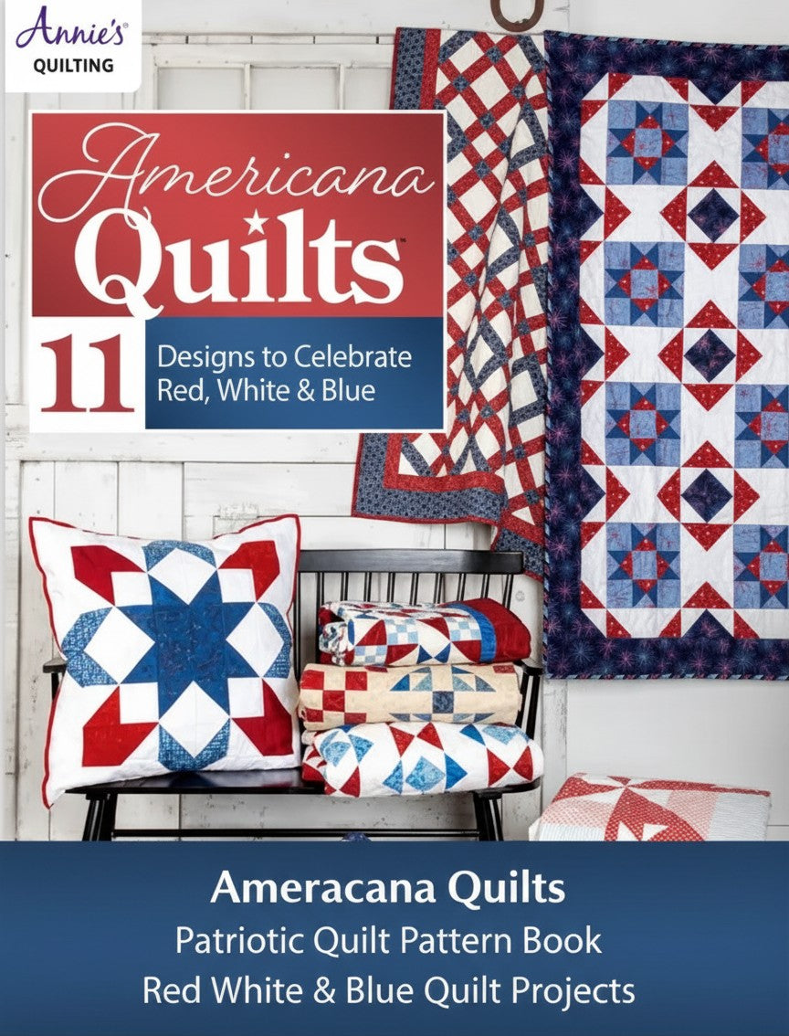 Carmon's Quilt Shop Americana Quilts pattern book featuring red, white, and blue star quilt projects and home decor.